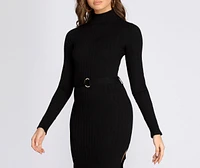 Mock Neck Belted Sweater Dress