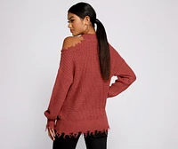 Distressed Cold Shoulder Crew Neck Sweater