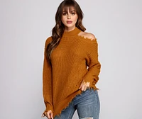 Distressed Cold Shoulder Crew Neck Sweater
