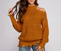 Distressed Cold Shoulder Crew Neck Sweater
