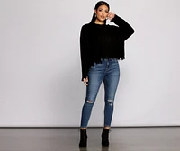 Destructed Knit Long Sleeve Cropped Sweater