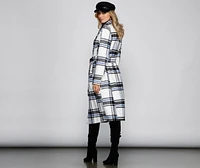 Polished Plaid Belted Trench Coat