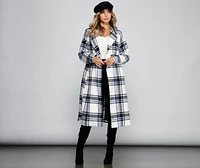 Polished Plaid Belted Trench Coat