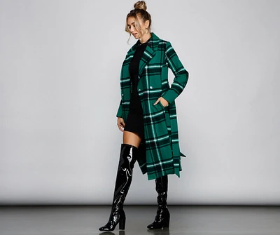 Polished Plaid Belted Trench Coat