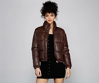 Stylish Edge Faux Leather Puffer Jacket