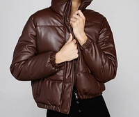 Stylish Edge Faux Leather Puffer Jacket
