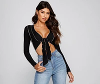 Trendy Ribbed Knit Tie-Front Top
