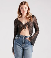 Texture Babe Bell Sleeve Tie-Front Crop Top