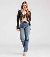 Texture Babe Bell Sleeve Tie-Front Crop Top