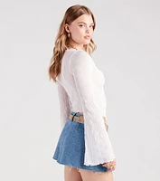 Texture Babe Bell Sleeve Tie-Front Crop Top