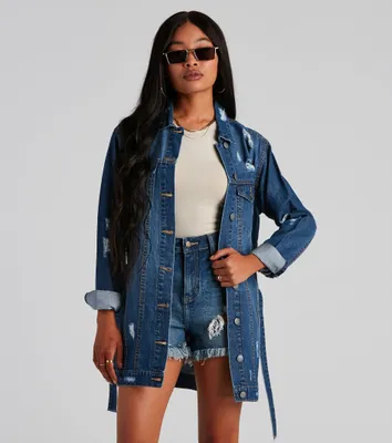Black Longline Distressed Denim Jacket Denim  PrettyLittleThing