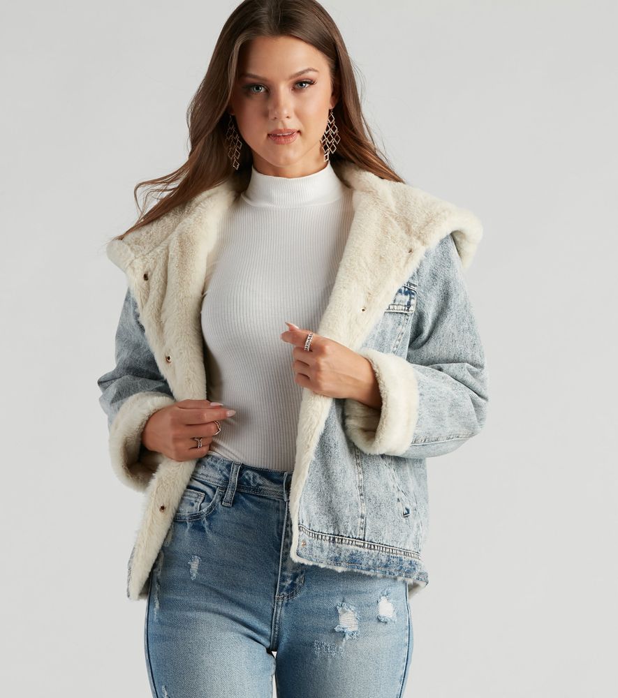 Vintage Wash Faux Fur Lined Cuff Denim Crop Jacket | PrettyLittleThing
