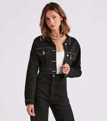 Make Way Contrast Stitch Crop Denim Jacket