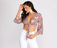 Floral Kimono Sleeve Tie Front Top