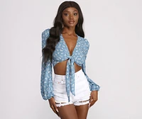 Cropped Tie Front Woven Floral Top