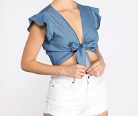 Why Knot Flutter Sleeve Chambray Tie Front Top