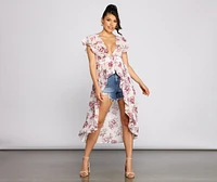 Floral Flutter Sleeve Chiffon High-Low Duster