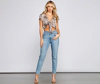 Edgy Glam Snake Print Tie Front Top