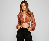 Retro Babe Chiffon Paisley Print Tie-Front Blouse