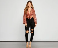 Retro Babe Chiffon Paisley Print Tie-Front Blouse