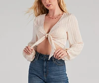 True Beau Satin Stripe Tie-Front Top
