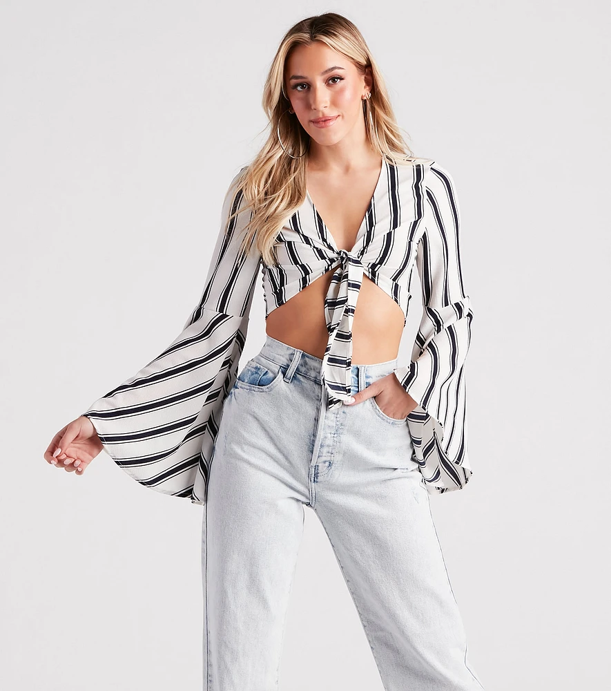 Stripe It Right Crepe Tie-Front Crop Top