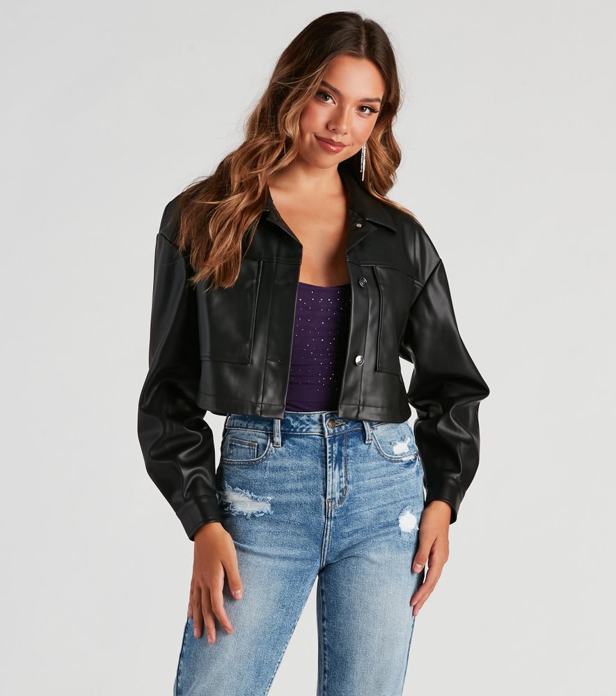 Faux Leather Ruffle Trim Crop Top