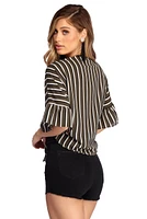 Striped And Ruffled Tie Front Top