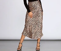 Zebra Flared Midi Satin Skirt