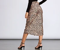 Zebra Flared Midi Satin Skirt