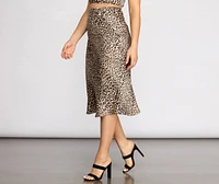 Feline Myself Satin Leopard Flare Midi Skirt