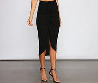 High-Rise Drama Ruched Midi Skirt