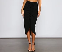 High-Rise Drama Ruched Midi Skirt