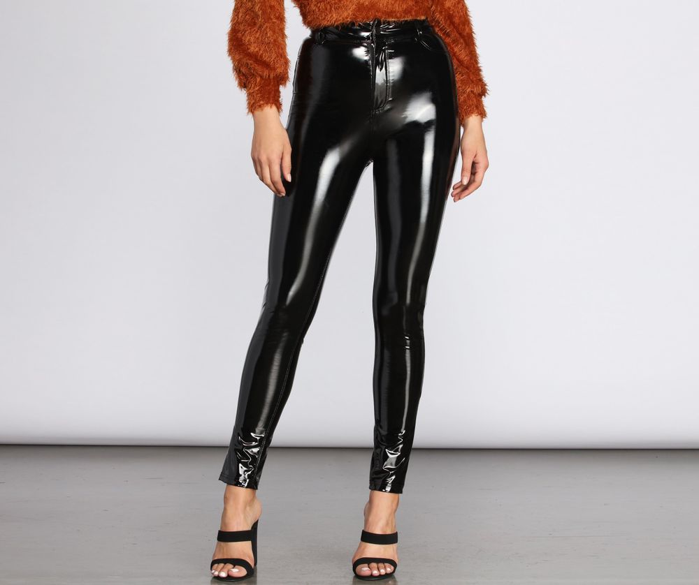 Black Vinyl High Waisted Leggings, Trousers