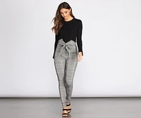 High Rise Tie Waist Plaid Skinny Pants