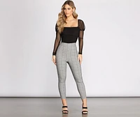 Pull Up Plaid Mid Rise Skinny Trousers