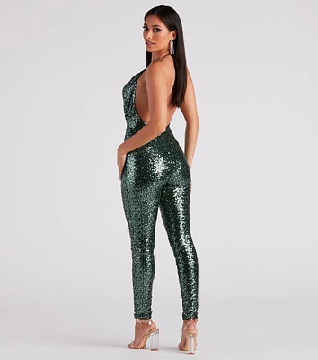 Stunning Shine Sequin Halter Catsuit