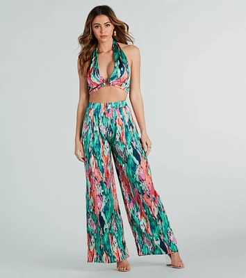 Color Me Pretty Satin Abstract Wide-Leg Pants