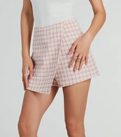 Preppy Beauty Tweed Faux Pearl Button Plaid Skort