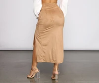 Faux Suede High Waist Ruched Midi Skirt