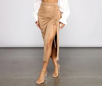 Faux Suede High Waist Ruched Midi Skirt