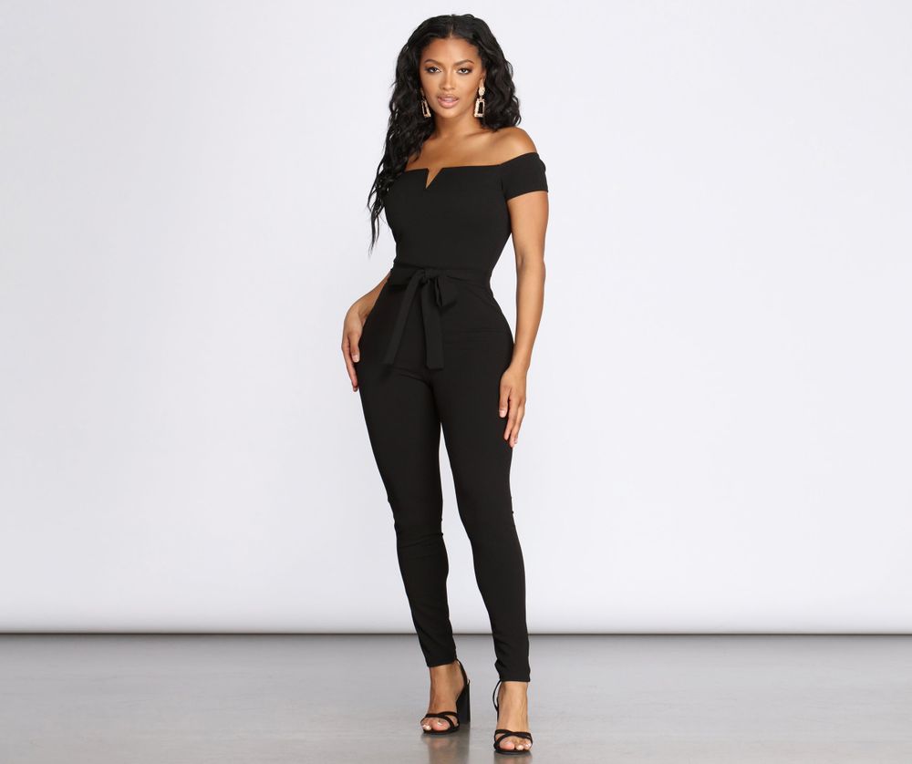 off the shoulder tie waist jumpsuit