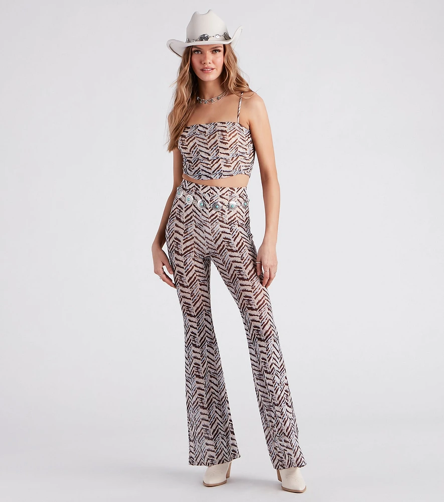 Cute Chevron Print Mesh Flare Pants