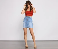 Button Up Raw Hem Denim Mini Skirt