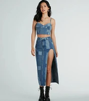 Retro Fab High Slit Patchwork Denim Maxi Skirt