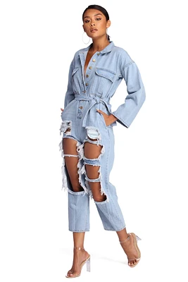 Feeling Fierce Distressed Denim Jumpsuit