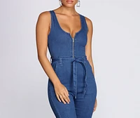 Zip Front Denim Jumpsuit