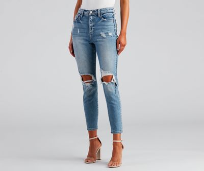 High-Rise Distressed Mom Skinny Jeans