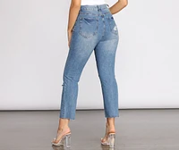 High Rise Straight Leg Destructed Denim Jeans