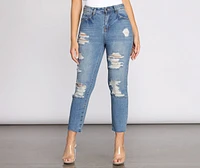 High Rise Straight Leg Destructed Denim Jeans